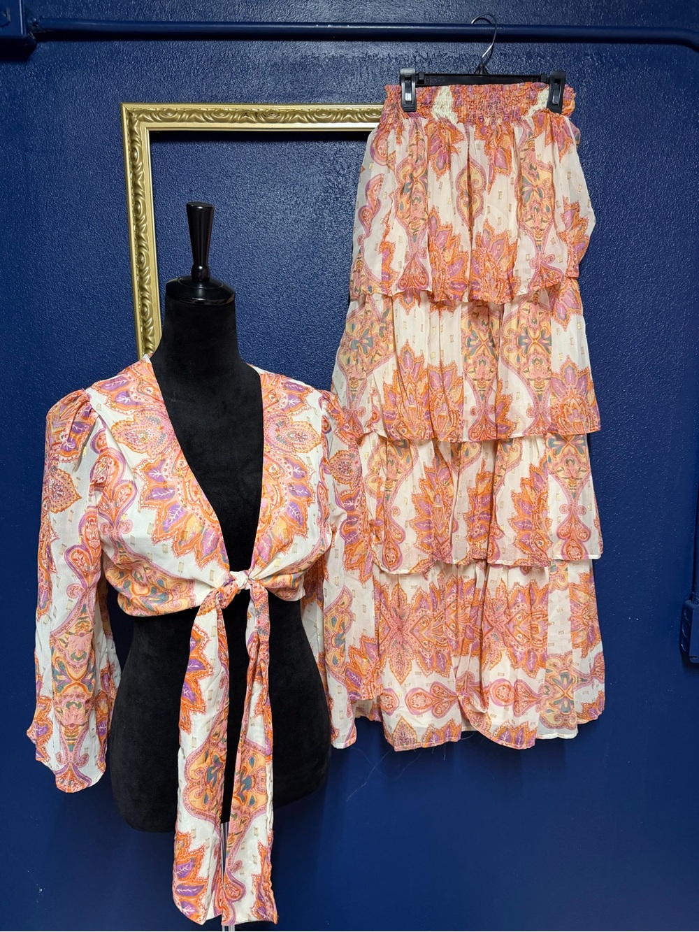 Flying Tomato Cream, Orange and Pink Paisley Tie-Front Top & Tiered Skirt Set